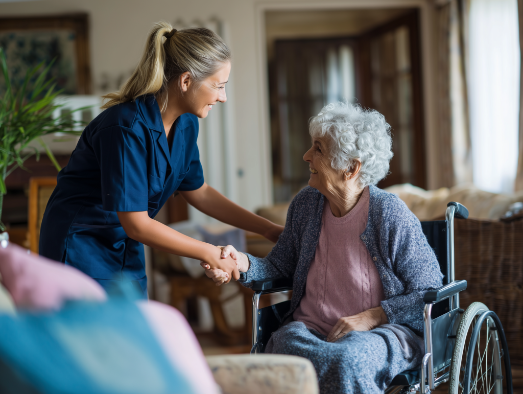 Pflegekraft und Seniorin im herzlichen Gespräch in Karlsruhe