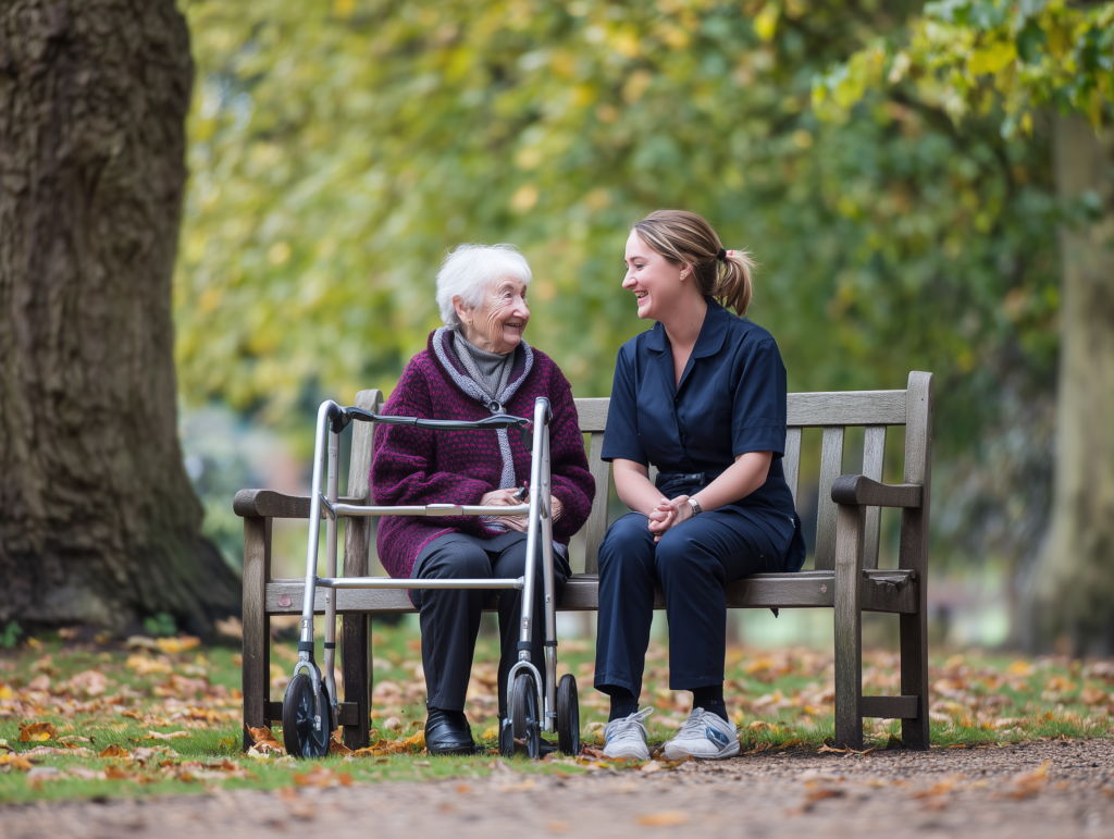 Seniorin lächelt beim gemeinsamen Spaziergang mit ihrer Betreuungskraft
